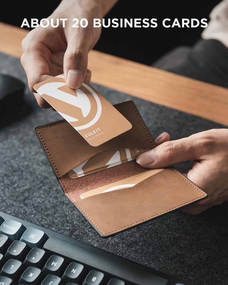 VULKIT حامل بطاقات العمل الجلدية مزدوج الجوانب نحيف منظم بطاقات الاسم للرجال أو النساء (يانغبا بني فاتح) - Image 4